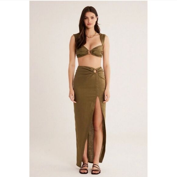 Rumer The Label olive green Byron ring asymmetrical front hem linen maxi skirt - Picture 1 of 12